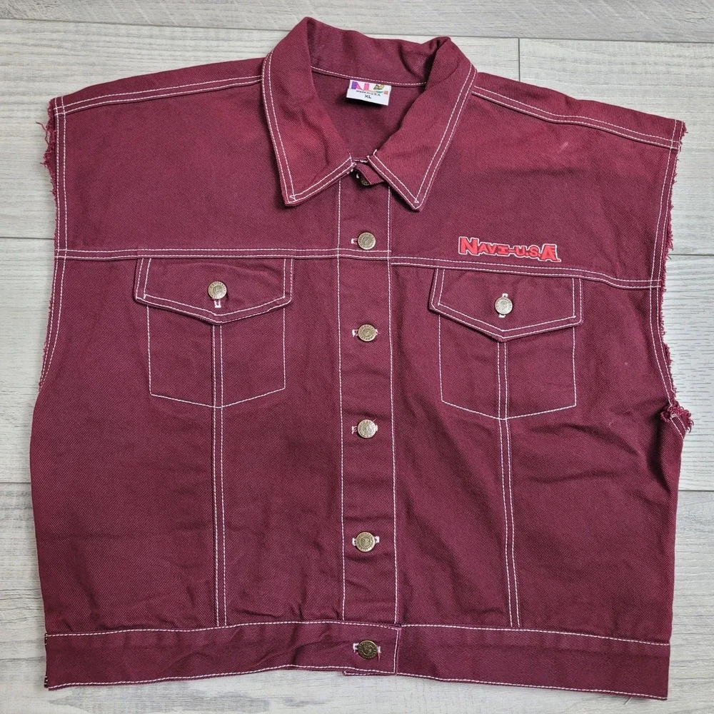 Vintage 90s NAVE Denim Jacket Vest Mens XL Burgundy Maroon Streetwear Made USA